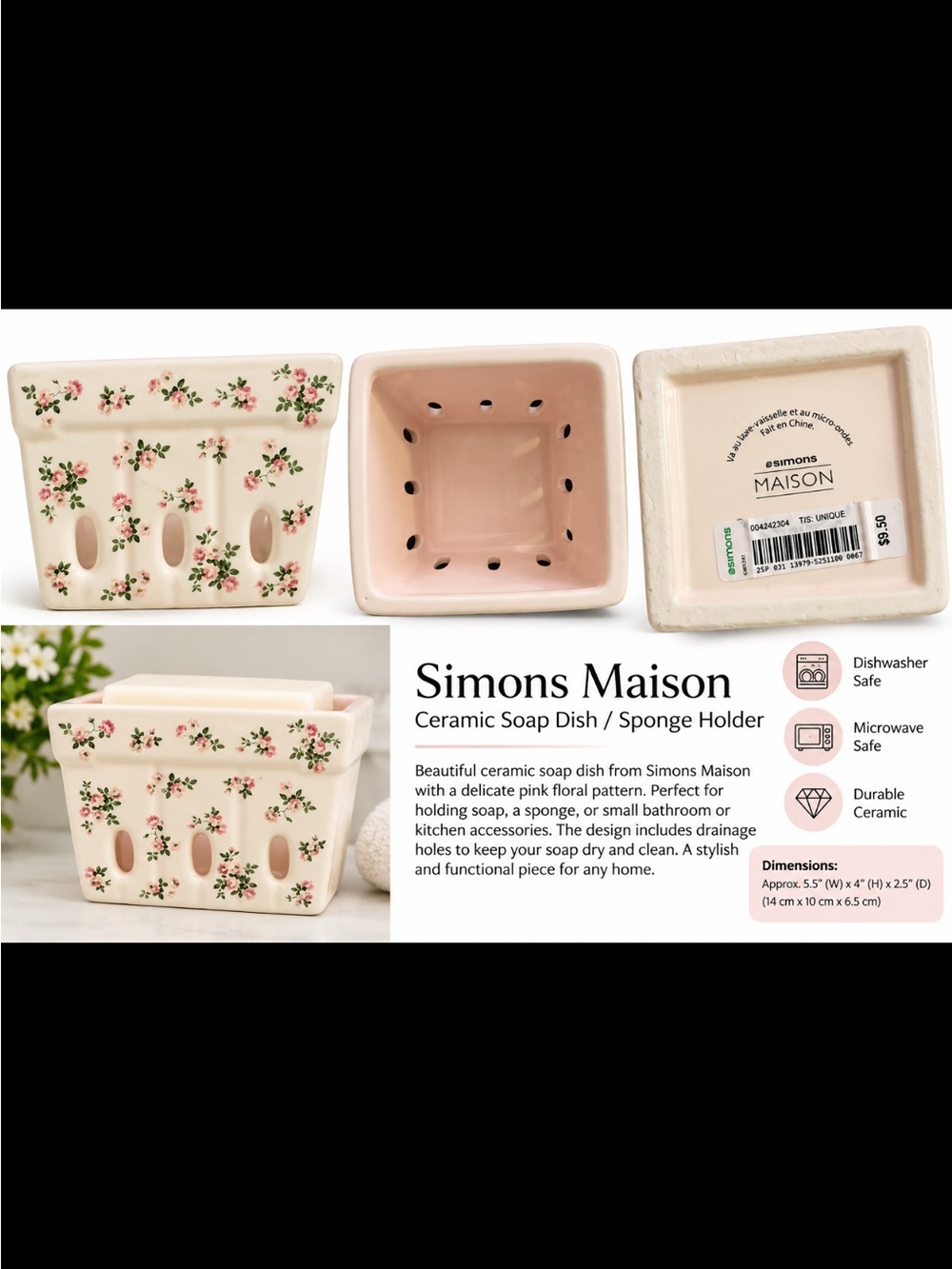 Simons Maison Floral Ceramic Soap Dish / Sponge Holder – Vintage Pink Floral
